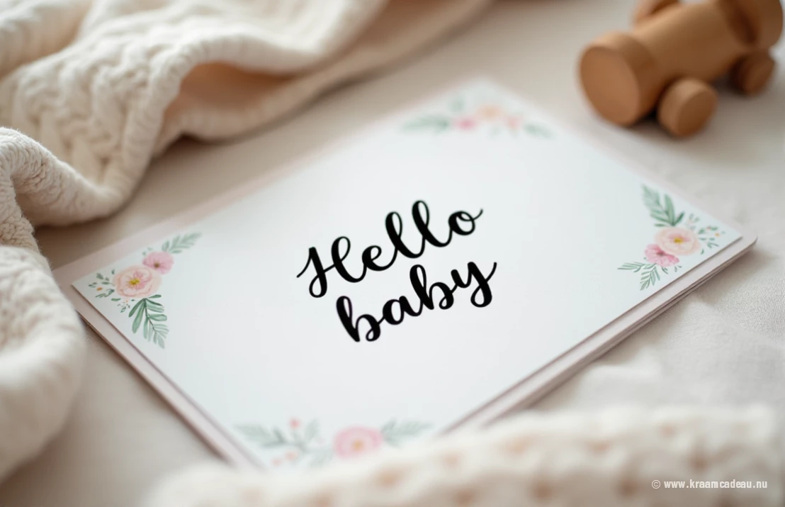 Een close-up van een handgeschreven kaart met bloemversiering, naast een zachte babydeken en een klein houten speeltje.