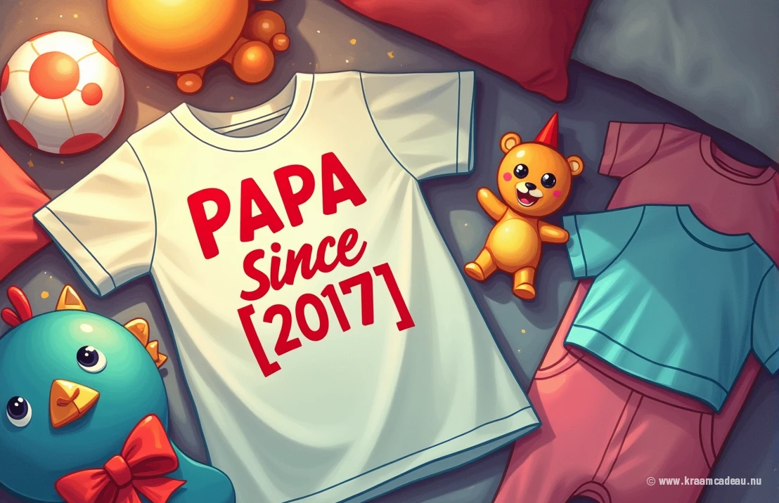 Een humoristische digitale kunstafbeelding van een 'Papa sinds 2025' T-shirt, naast babykleding en speelgoed.