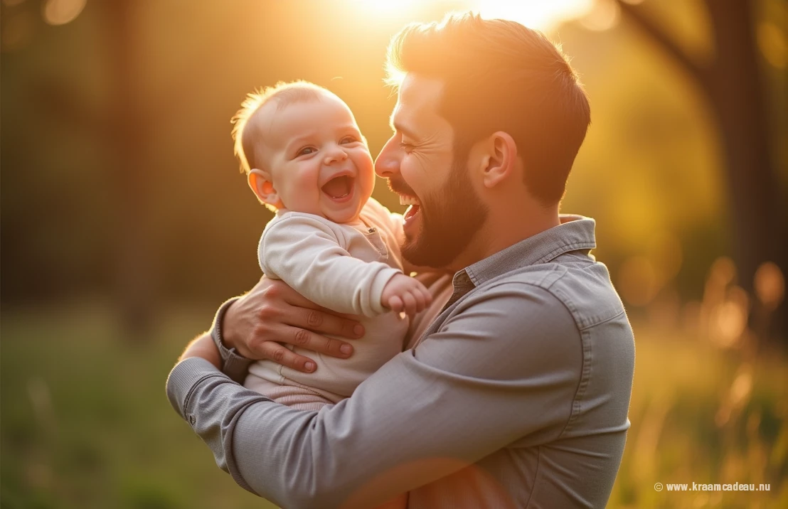 Een foto van een vrolijke vader en baby tijdens een professionele fotoshoot, badend in warm, natuurlijk licht.