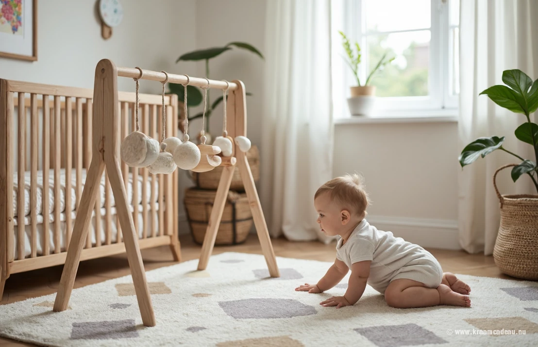 Een rustige babykamer met een houten speelboog, zachte vloerkleed en een baby die speelt. De focus ligt op duurzame materialen en rustgevende texturen.