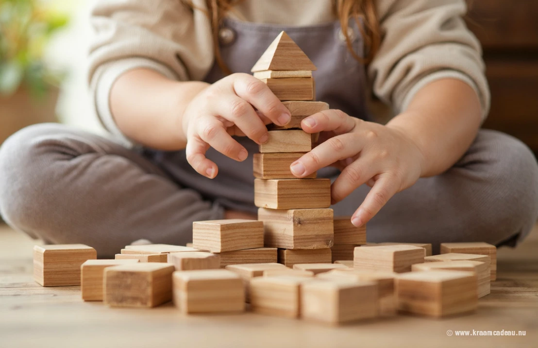 Een kind dat een toren bouwt met houten blokken. De blokken zijn van verschillende vormen en maten, en het kind stapelt ze voorzichtig.