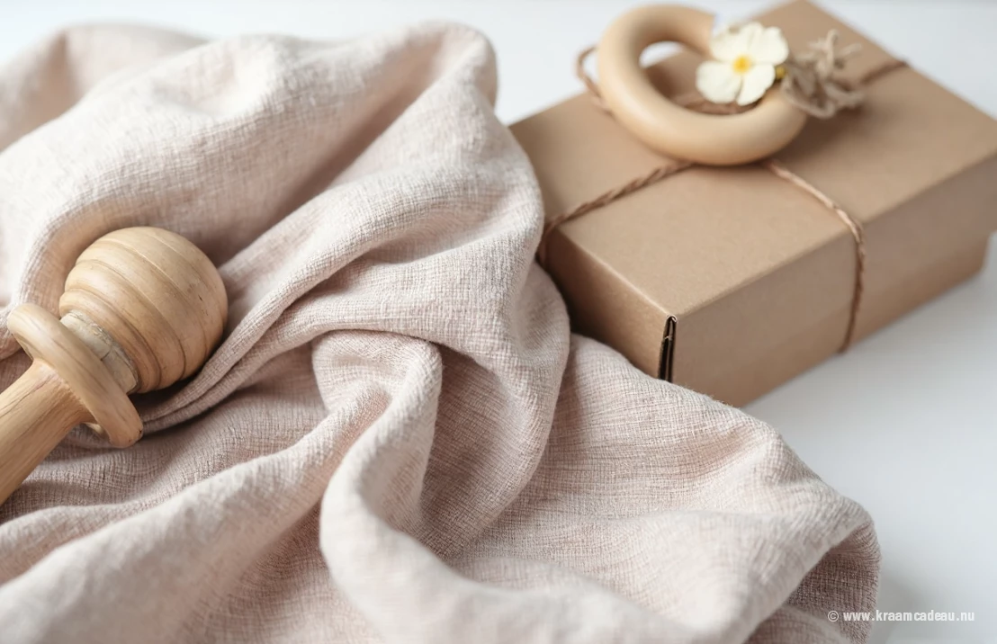 Een minimalistische scène met een houten rammelaar, een zachte katoenen inbakerdoek en een kleine kraftpapier geschenkdoos.